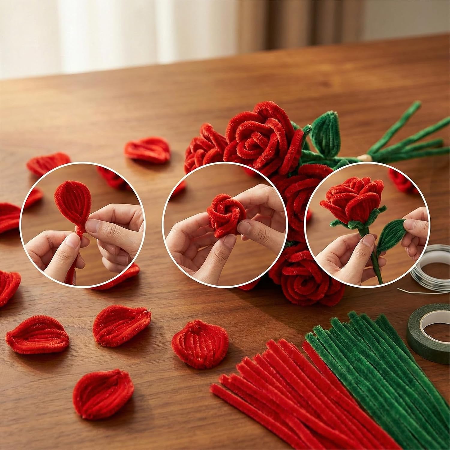 Pequecom 500 PCS Pipe Cleaners Craft Kit - 2 Colors Chenille Stems for DIY Flower Making with Floral Wires & Tape - Creative DIY Art Supplies for Bouquets and Home Decor