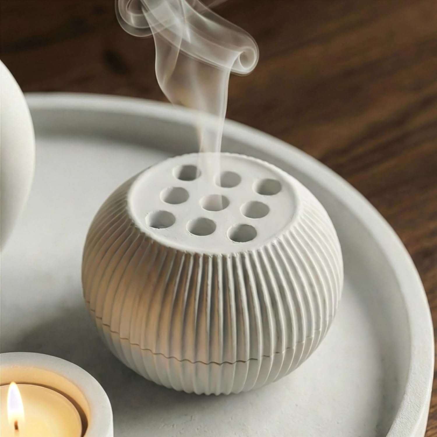 2-Piece Stone Incense Burner with Ash Catcher, Modern White Decorative Incense Holder for Cones and Sticks, Minimal Tabletop Home Decor