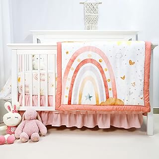 Crib Bedding Set for Girls, 4-Piece Pink Baby Crib Bedding Set, Rainbow Crib Sets Includes Comforter, Fitted Crib Sheet, Crib Skirt, and Diaper Stacker