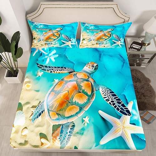 Miniatura 2 de Juego de sábanas de tamaño King con diseño de animales marinos para niños, adolescentes y adultos, color azul aguamarina, diseño de tortuga marina