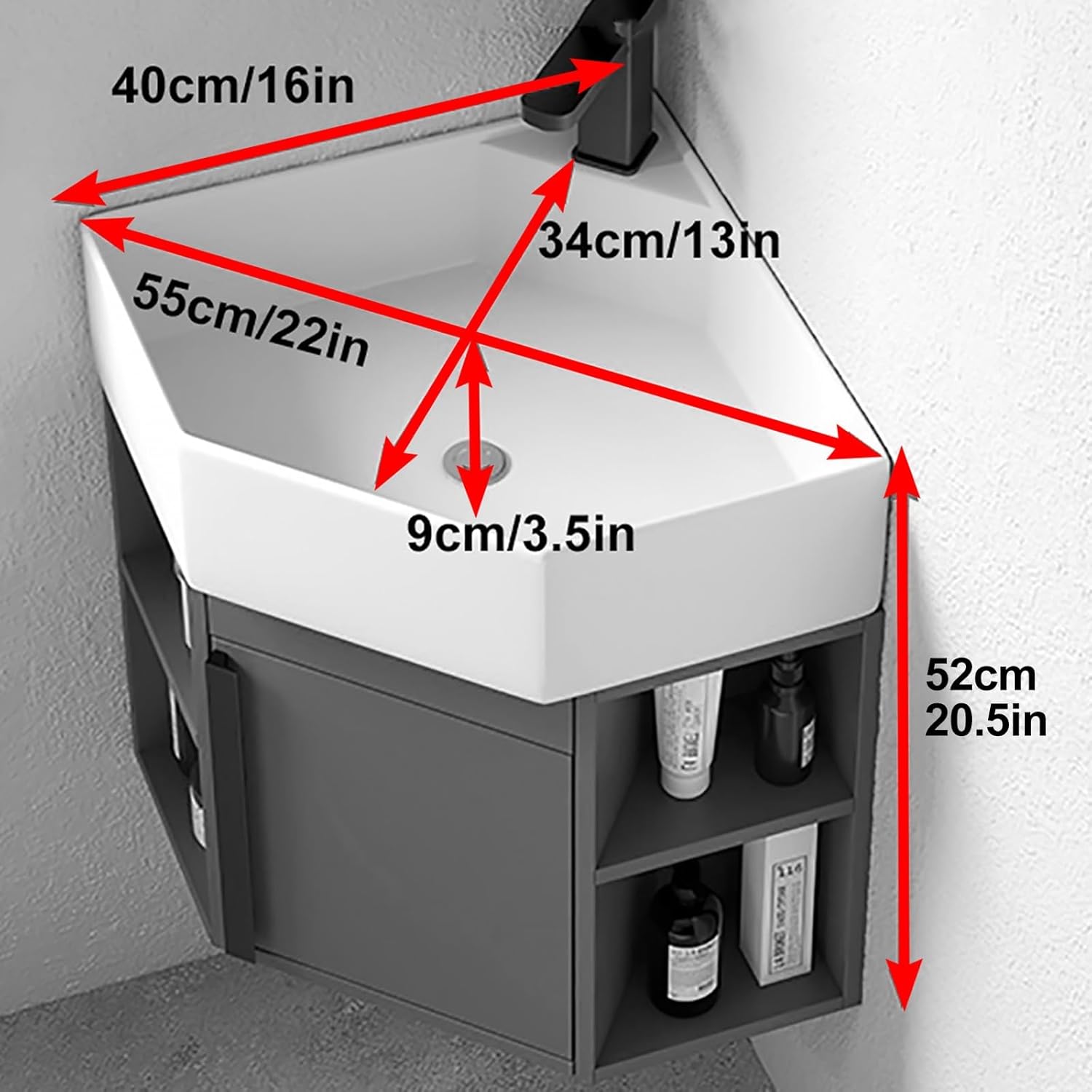 Bathroom Sink with Storage Container, Wall Hung Floating Porcelain Ceramic Wash Basin, Corner Wall Mount Bathroom Sink(Beige,40cm/16in)