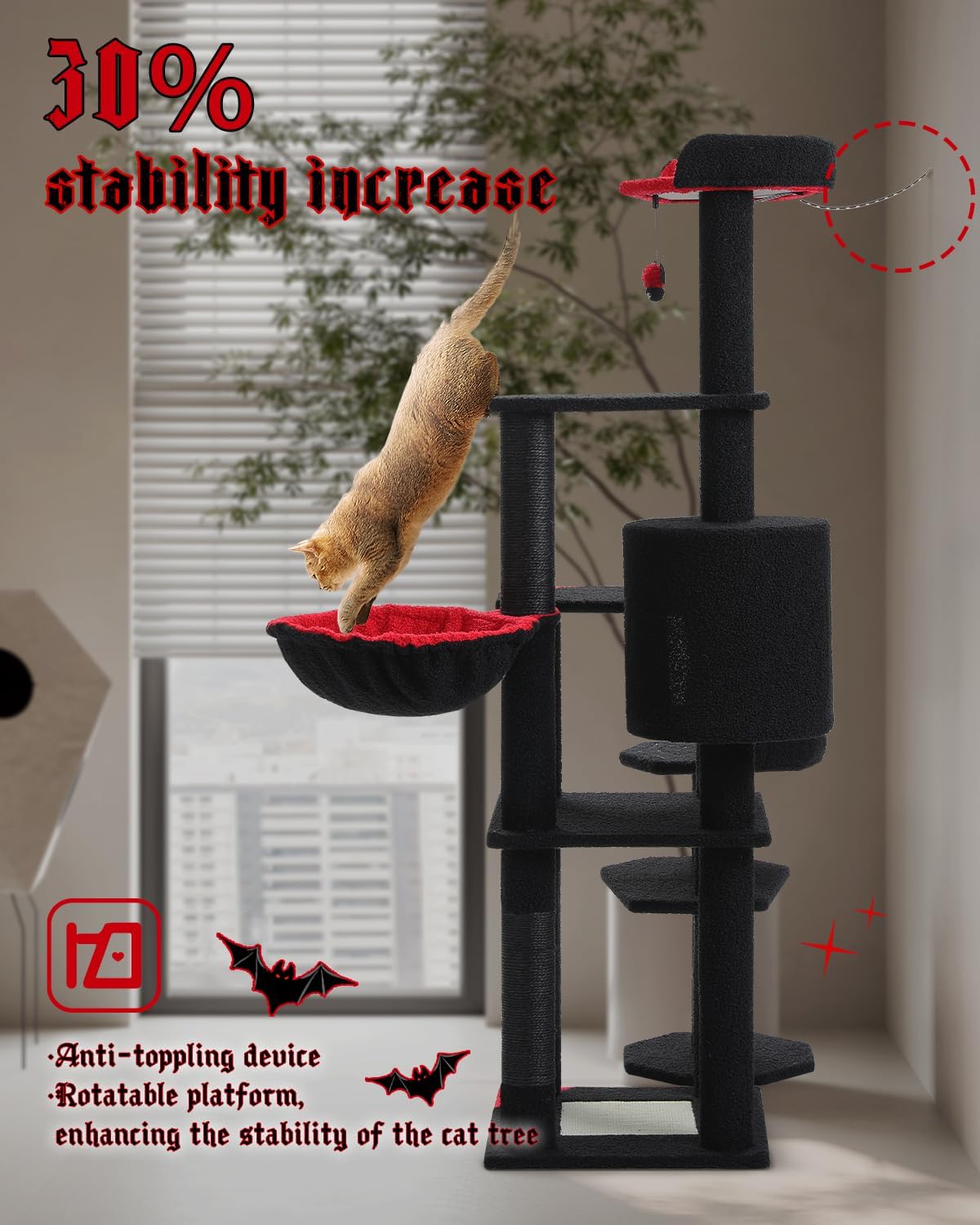 MUTTROS 59" Gothic Cat Tree with Coffin Bed-Black Cat Tower for Indoor Cats with Spacious Cat Condo & Cozy Hammock, Spider Hanging Balls, Sisal Scratching Post and 2 Spooky Perches for Halloween