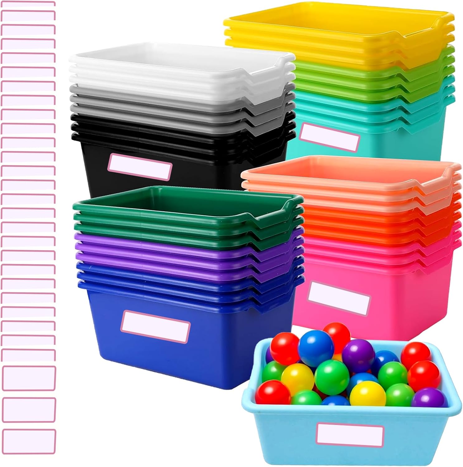 24 Pack Plastic Cubby Bins, Stackable Storage Bins with Adhesive Label Toy Book Organizer Baskets for Classroom, Library, Playroom, Home & Office Organization (Twelve Colors)