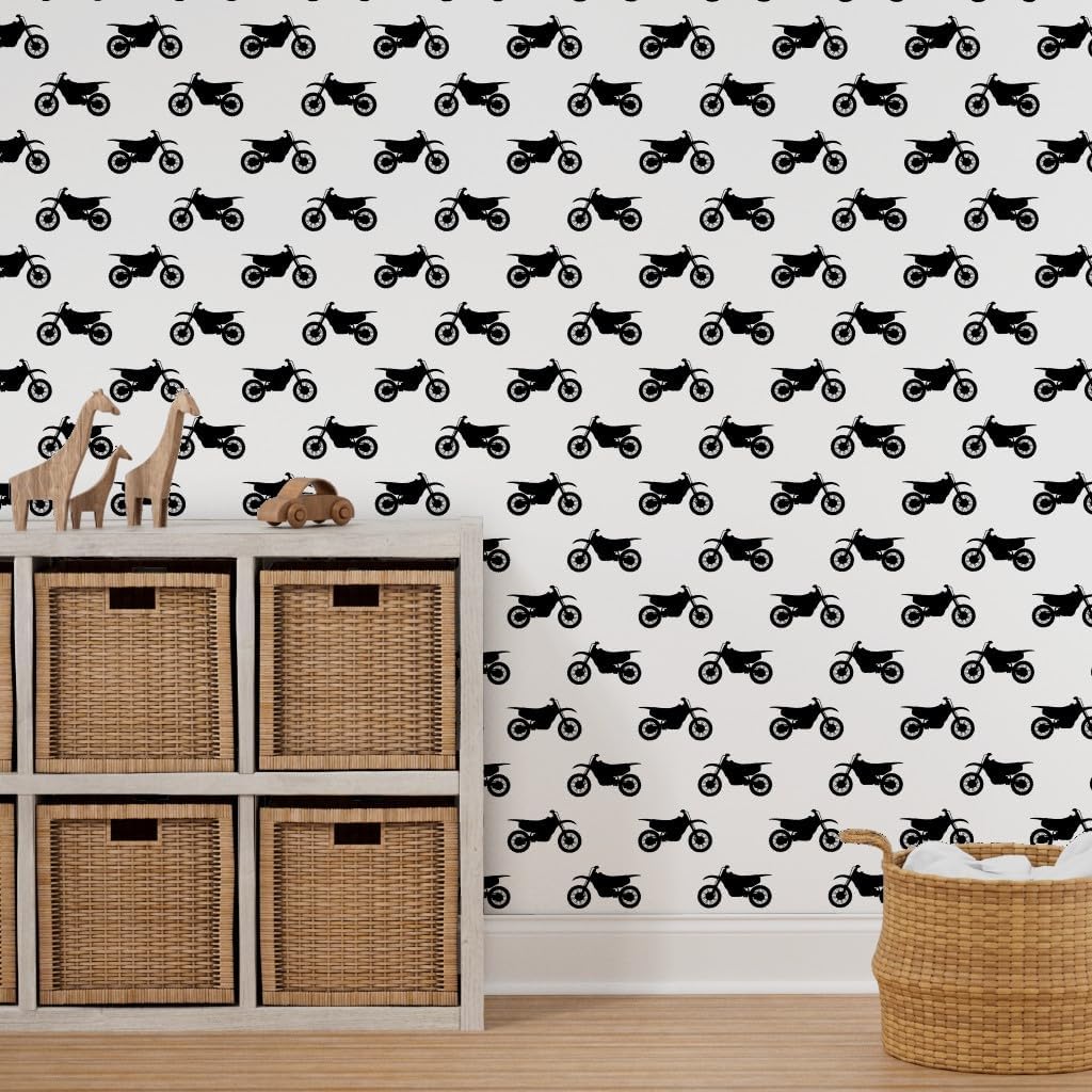 Peel & Stick Wallpaper 3ft x 2ft - Motocross Bike Dirt Motorcycle Baby Boy Monochrome Masculine Custom Removable Wallpaper by Spoonflower