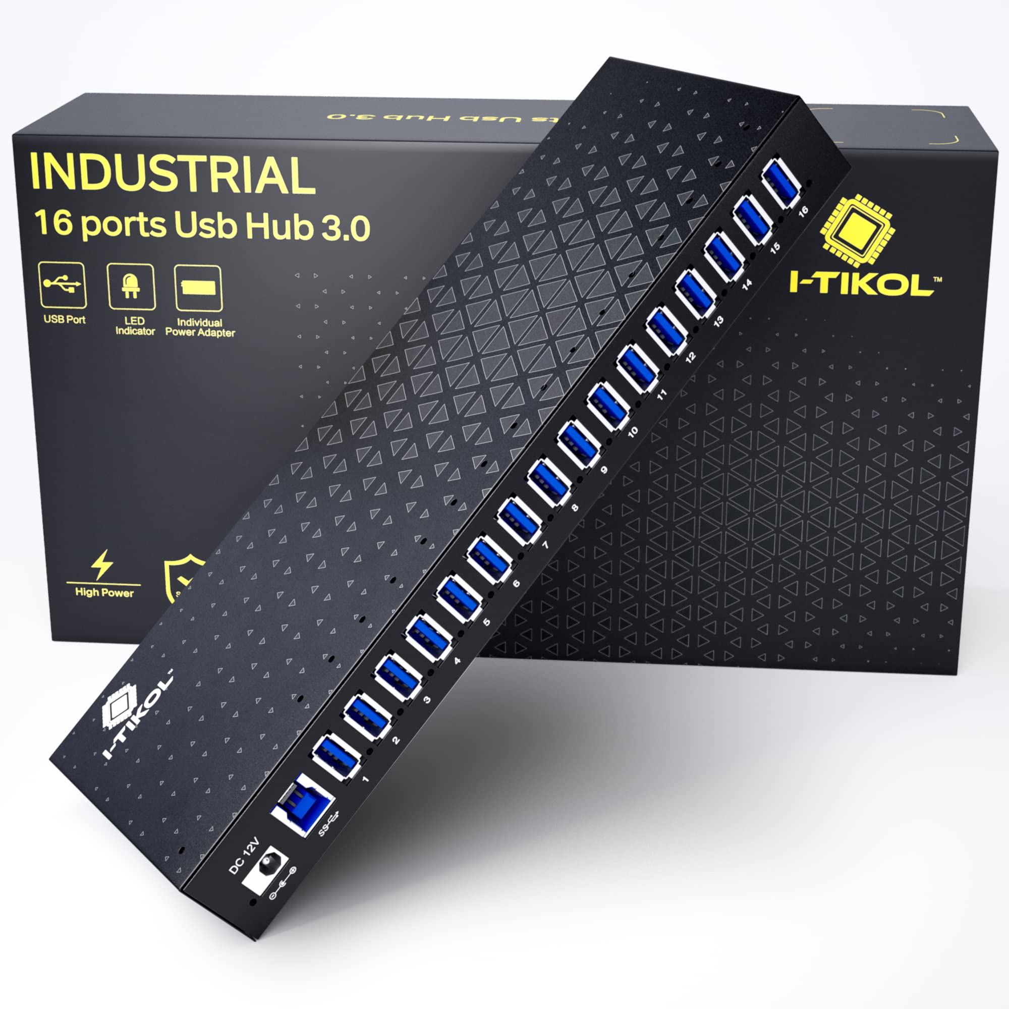 Hub USB 3.0 con 16 porte alimentate con USB 3.0 in lega di alluminio con LED ad alta velocità - Hub da 5 Gbps per dispositivi multipli Protezione multi-sicurezza Splitter USB per laptop e PC.