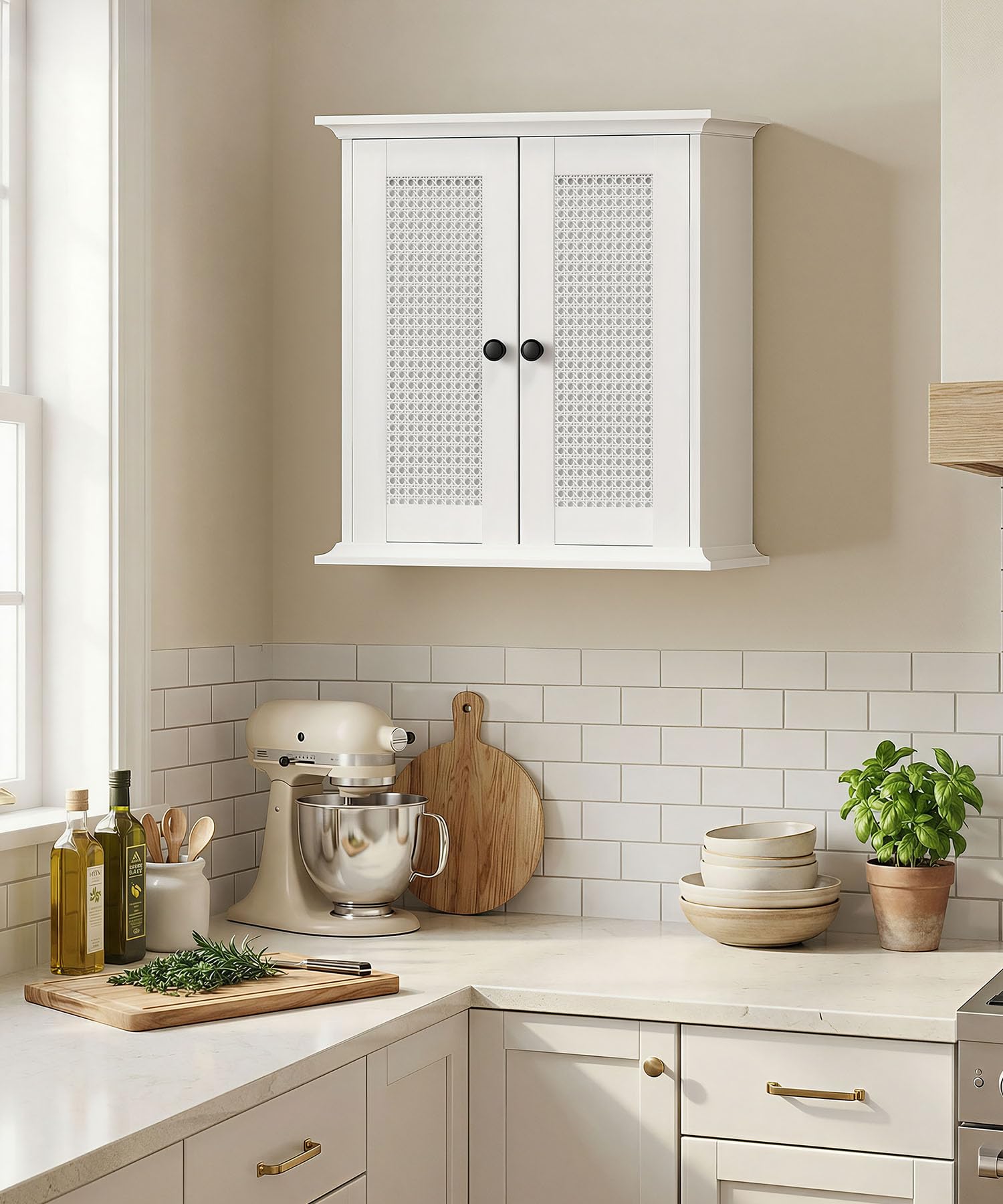 Yorbay Weißer Badezimmerschrank Wandmontage mit Rattantüren: Hängend Badezimmer Medizinschrank mit verstellbarem Regal - Wandschrank für Wohnzimmer Küchen und Waschküche