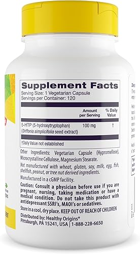Miniatura 3 de Healthy Origins - 5-HTP 100 mg, 120 cápsulas vegetarianas, (5-hidroxitriptófano), sin OMG, sin gluten, vegano