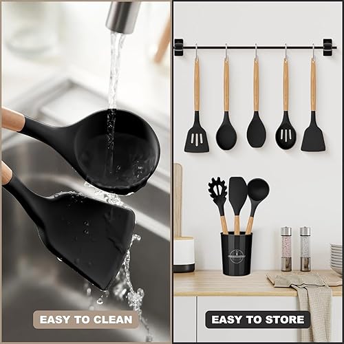 Miniatura 4 de Juego de utensilios de cocina de silicona, 22 piezas de utensilios de cocina de silicona con mango de madera, sin BPA, espátulas de revestimiento
