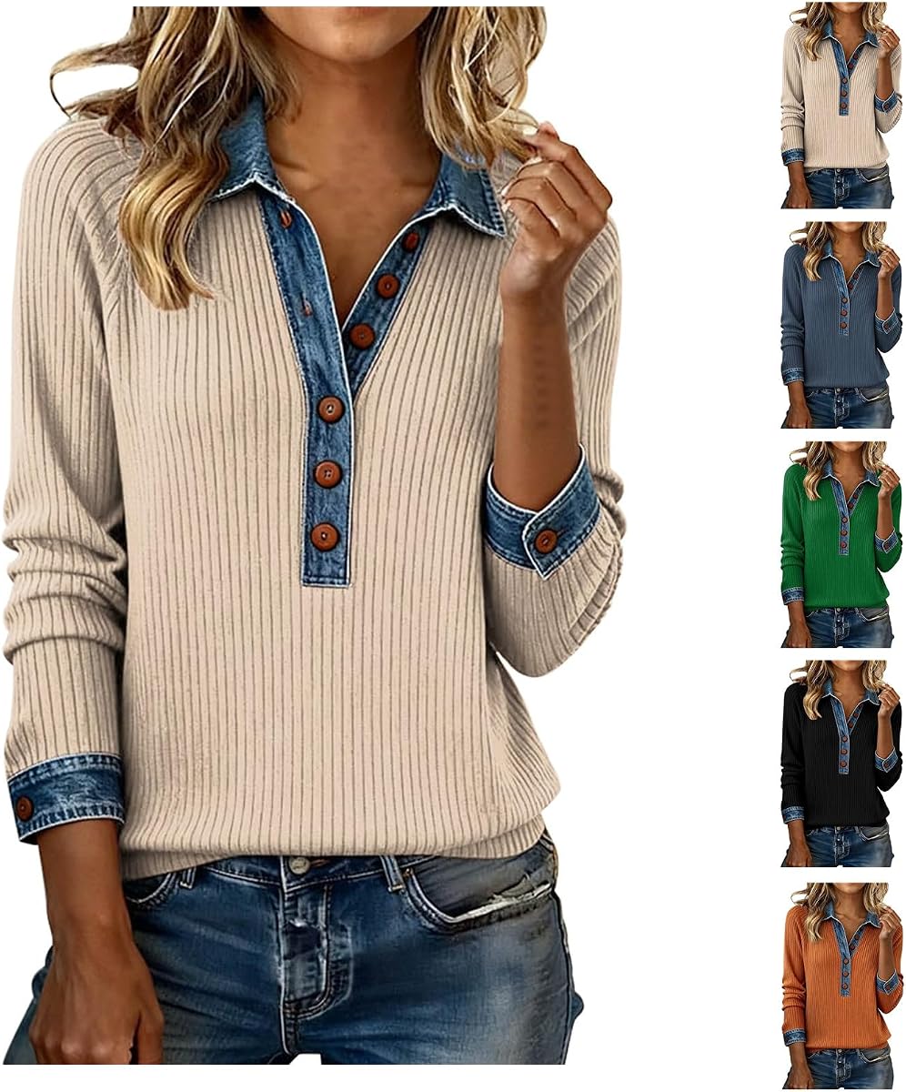 Sweaters for Women Trendy Denim Collar V Neck Long Sleeve Shirts Casual Lightweight Plus Size Vintage Knit Tops Pullover