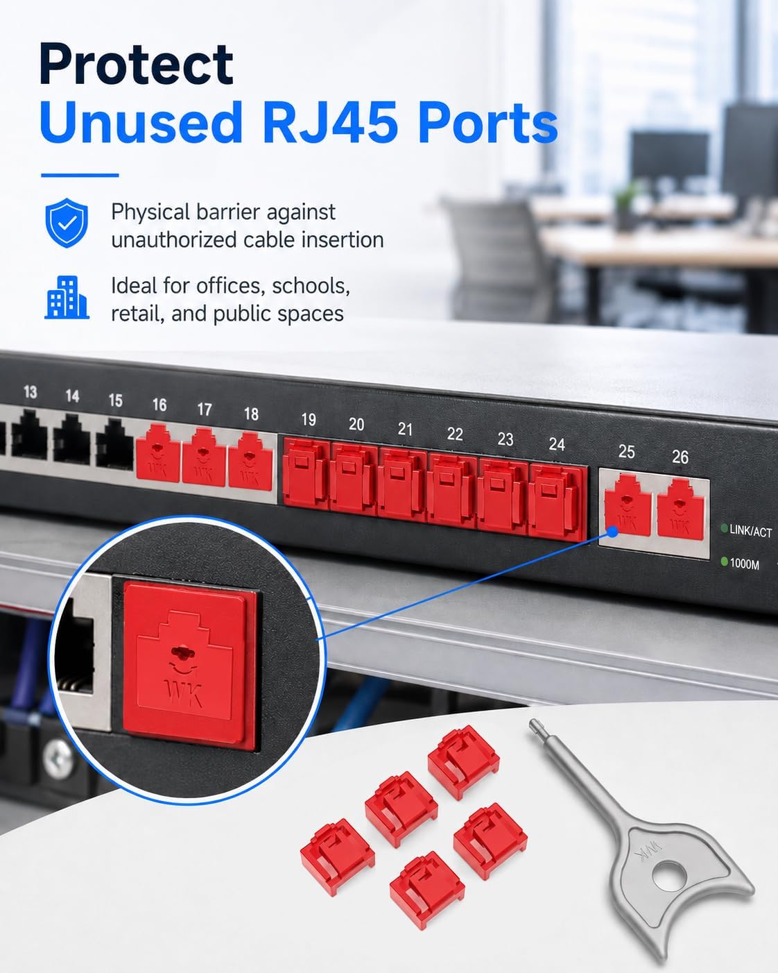 24-Pack RJ45 Port Locks with 2 Keys,Security Network Port Lock & Dust Cover,Female RJ45 Connector Blocker Cap Protector for Computers,Servers, Routers & More (Red)