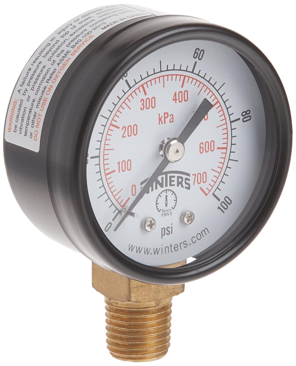 Winters PEM Series Steel Dual Scale Economical All Purpose Pressure Gauge with Brass Internals, 0-100 psi/kpa, 2" Dial Display, +/-3-2-3% Accuracy, 1/4" NPT Bottom Mount: Industrial Pressure Gauges: Industrial & Scientific