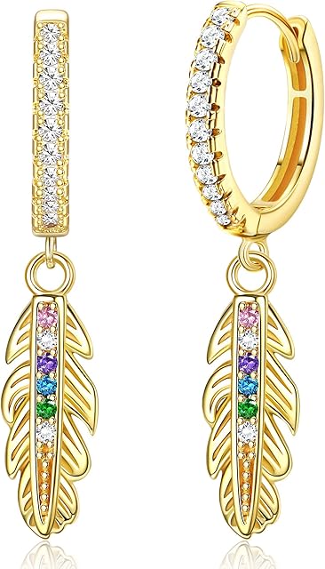 KRFY 925 Sterling Silver Earrings for Women, 925 Silver Hoop Earrings with Cubic Zirconia, Feather Huggie Hoop Earrings, Dangle Drop Earrings for Teen Girls