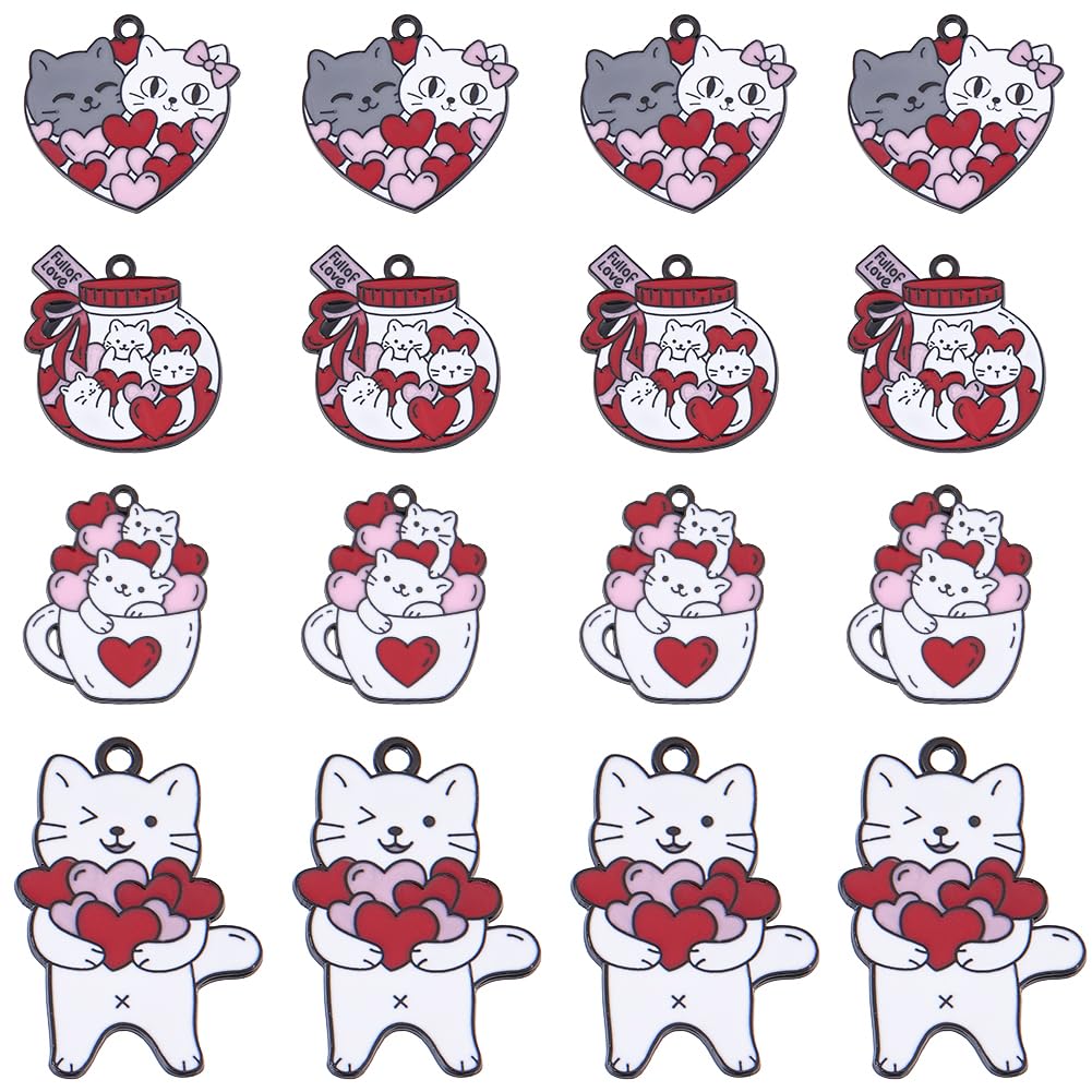 SUNNYCLUE 1 Box 16Pcs 4 Styles Enamel Cat Charms Small Kitten Charms Bulk Valentine's Day Colorful Heart Cats Pet Small Animal Holiday Kitty Charm for Jewellery Making Charms DIY Crafts Festive Gifts