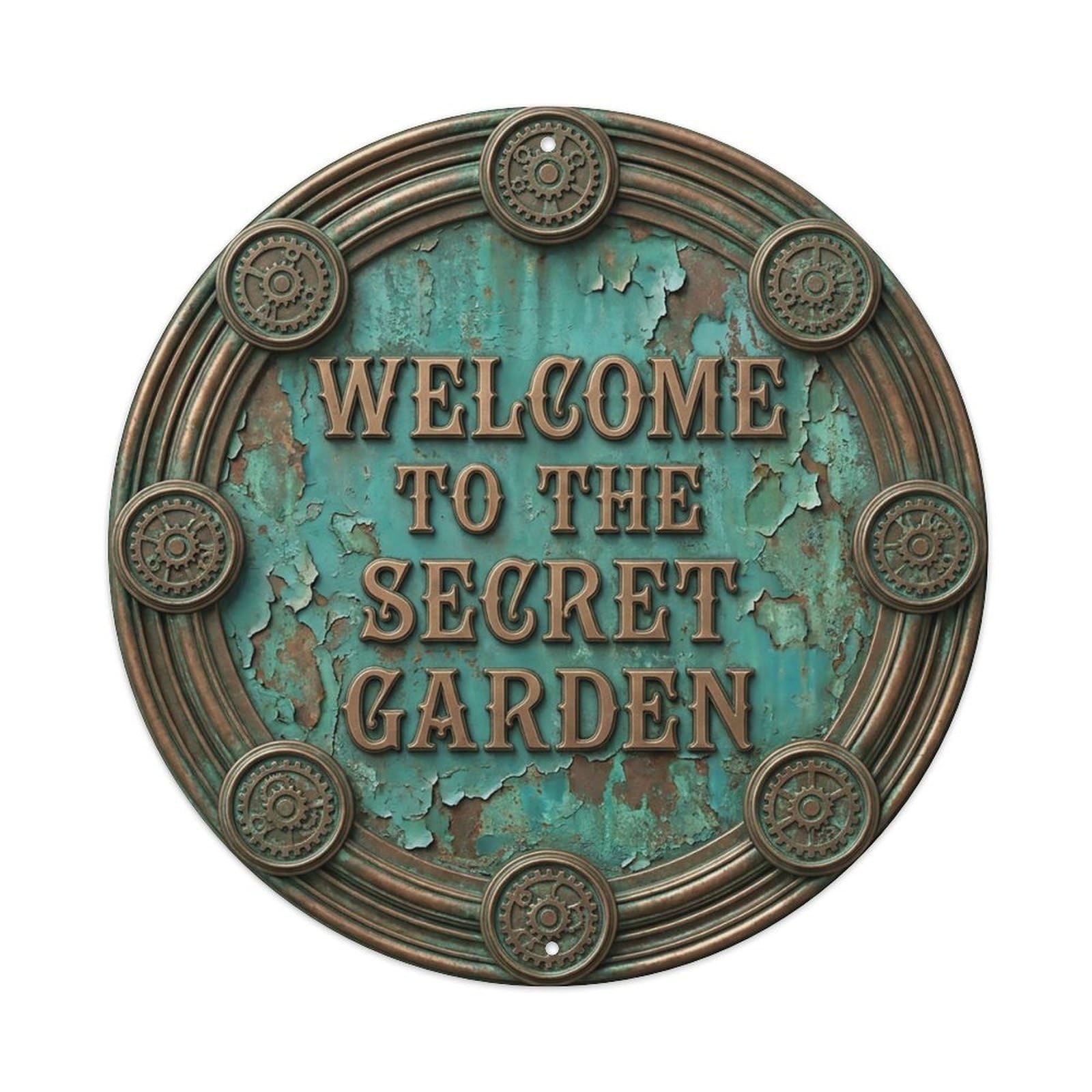 Vintage Welcome Secret Garden Geared Riveted Metal Tin Sign