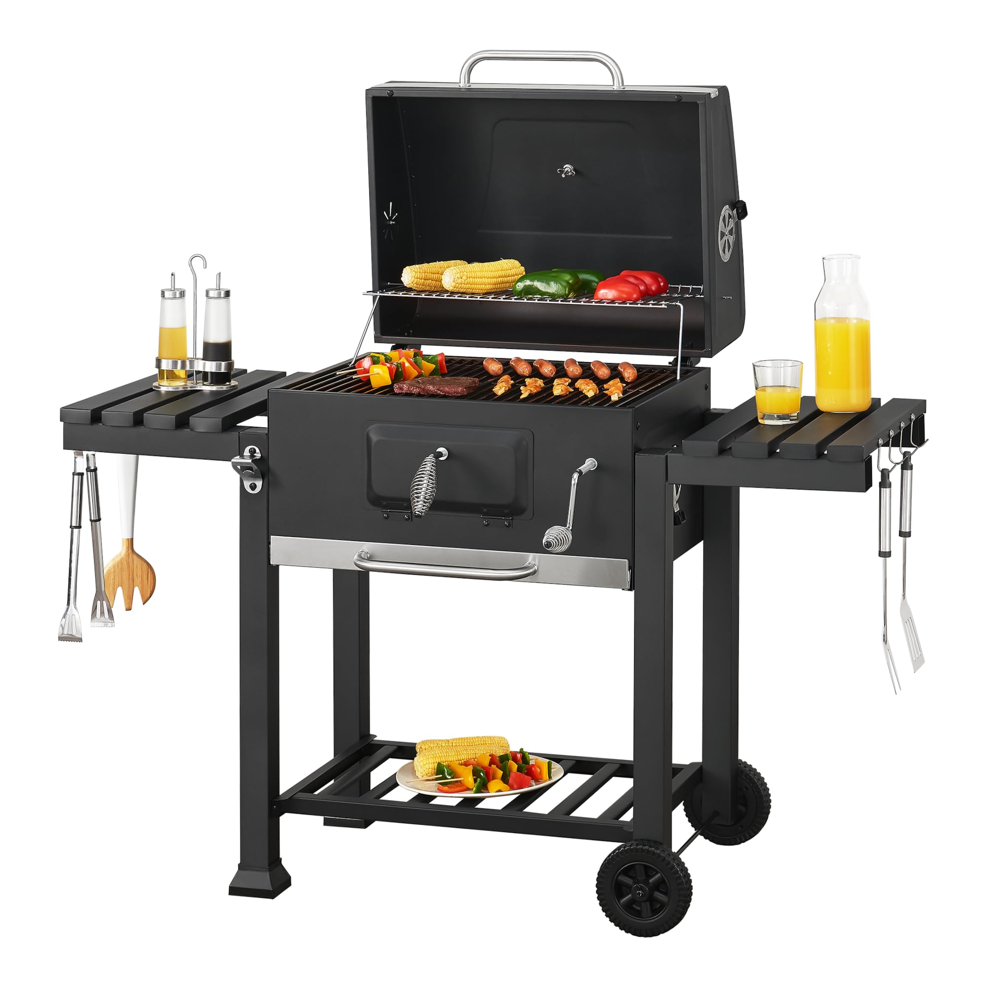 casa.pro Barbacoa de Carbón con 2 Ruedas Cajón para Cenizas 3 Estantes Carro Carro de Barbacoa Tapa con Termómetro Reguladores de Ventilación Acero Inoxidable Plástico 105 x 135 x 48 cm - Negro