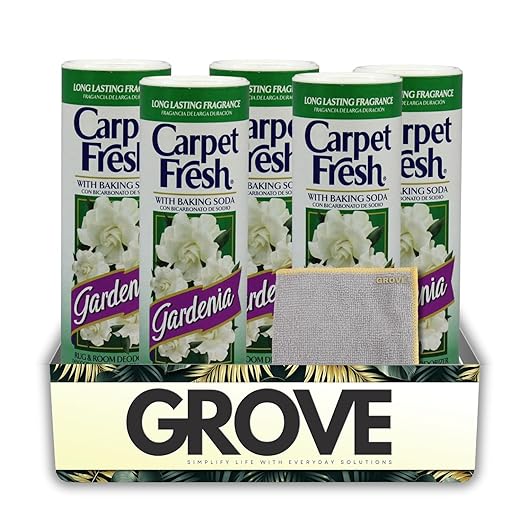 5x Carpet Fresh Gardenia Scent Carpet Odor Eliminator 14 oz Powder Bundle with Microfiber Cleaning Cloth – Eliminates Pet Odors, Provides Long-Lasting Freshness – Gift Set (6 Items)