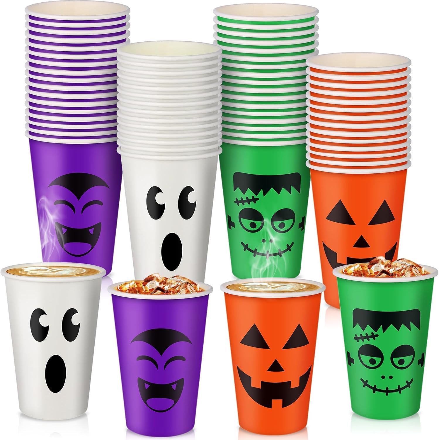 100 Pcs Halloween Party Cups 12 oz Pumpkin Vampire Bat Ghost Paper Cups Disposable