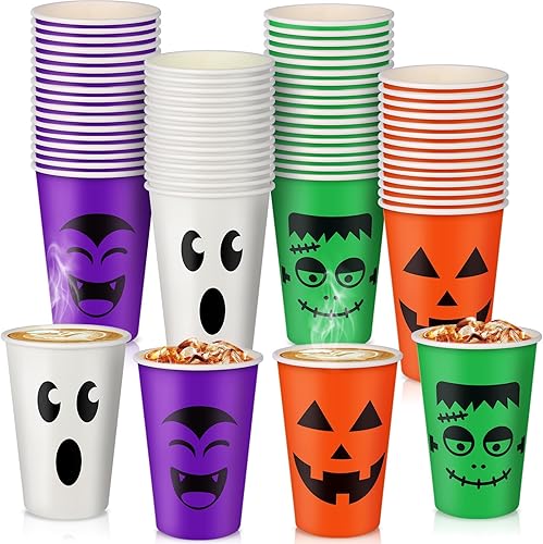 100 vasos de fiesta de Halloween de 12 onzas con diseño de calabaza, vampiro, murciélago, fantasma, vasos de papel desechables para bebidas frías y