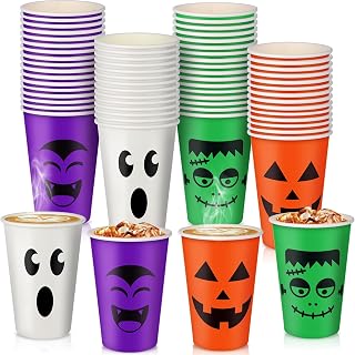 Booson 100 Pcs Halloween Party Cups 12 oz Disposable Ghost Paper Cups | Pumpkin Vampire Bat Coffee Snack Cups Bulk for Hot Cold Drinks Trick or Treat Party Supplies Decoration