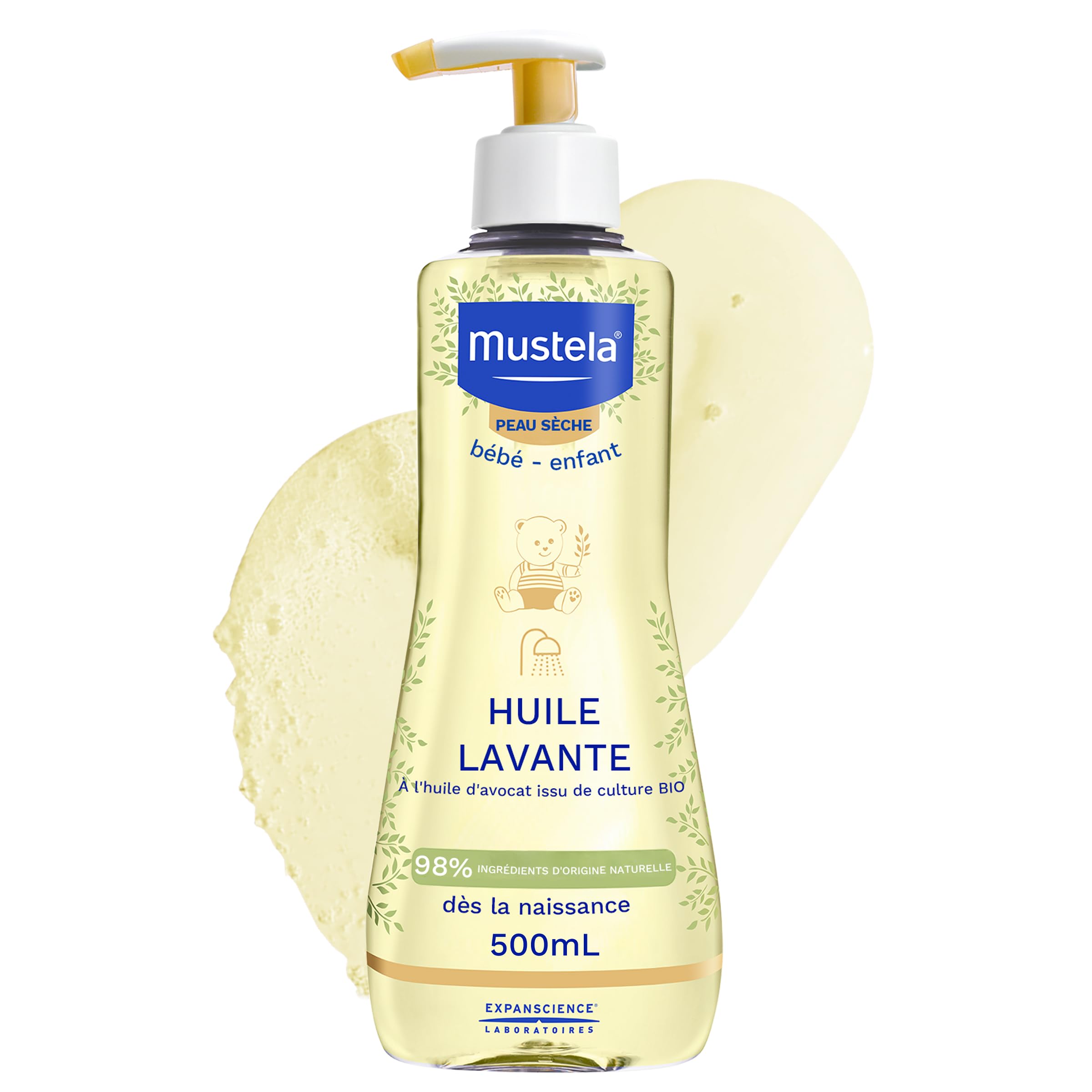 Mustela - Huile Lavante Bébé - Soin Doux et Nourrissant pour Peau Sèche, Corps, Visage et Cheveux - 98% d'ingrédients d'origine naturelle - Nettoie, Apaise et Protège la Peau Sensible