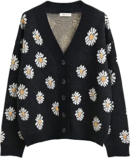 Women's Long Sleeve Cardigan Sweater,Cute Y2K Top Knit Colorful Patterned V Neck Button Outwear S~XL