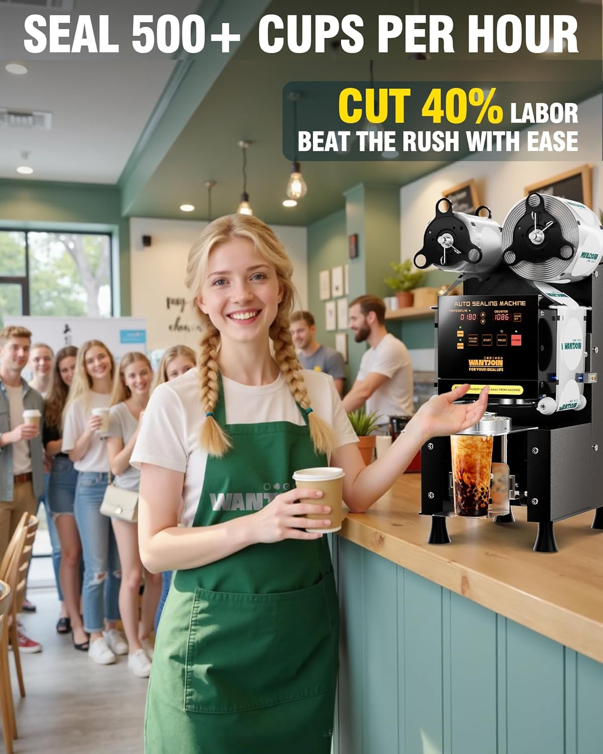 WantJoin Full Automatic Cup Sealing Machine - Electric Cup Sealer Machine 90/95mm, 500-600 Cups/H Digital Control LCD Panel Cup Sealer for Bubble Milk Tea Coffee Black, L15.3"*W9.9"*H20"