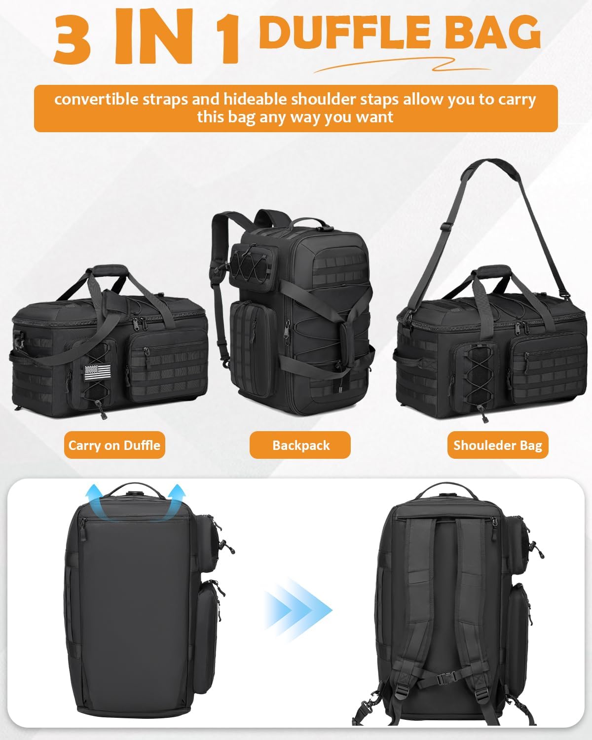 50L Gym Bags for Men, 3 in 1 Travel Duffle Bag with Shoe Compartment, Tactical Military Backpack for Overnight Weekender Gym Traveling Workout Deployment - Image 3