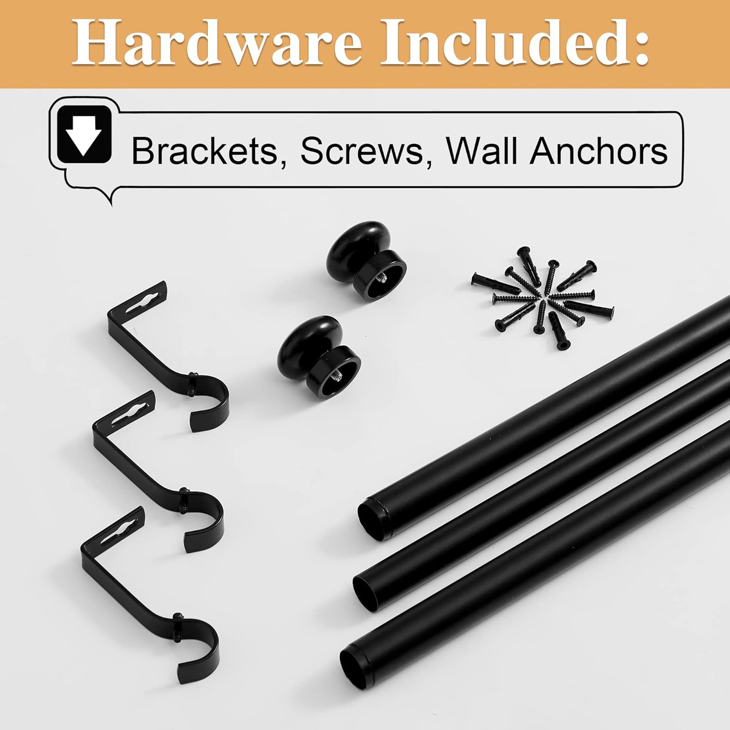 RYB HOME 1" Outdoor Curtain Rod for Patio, 72-144" Long Rust Proof Telescoping Single Window Drape Rod with Mount Brackets Oval Ball Finials for Corridor, Room Divider, Matt Black, 72" to 144"