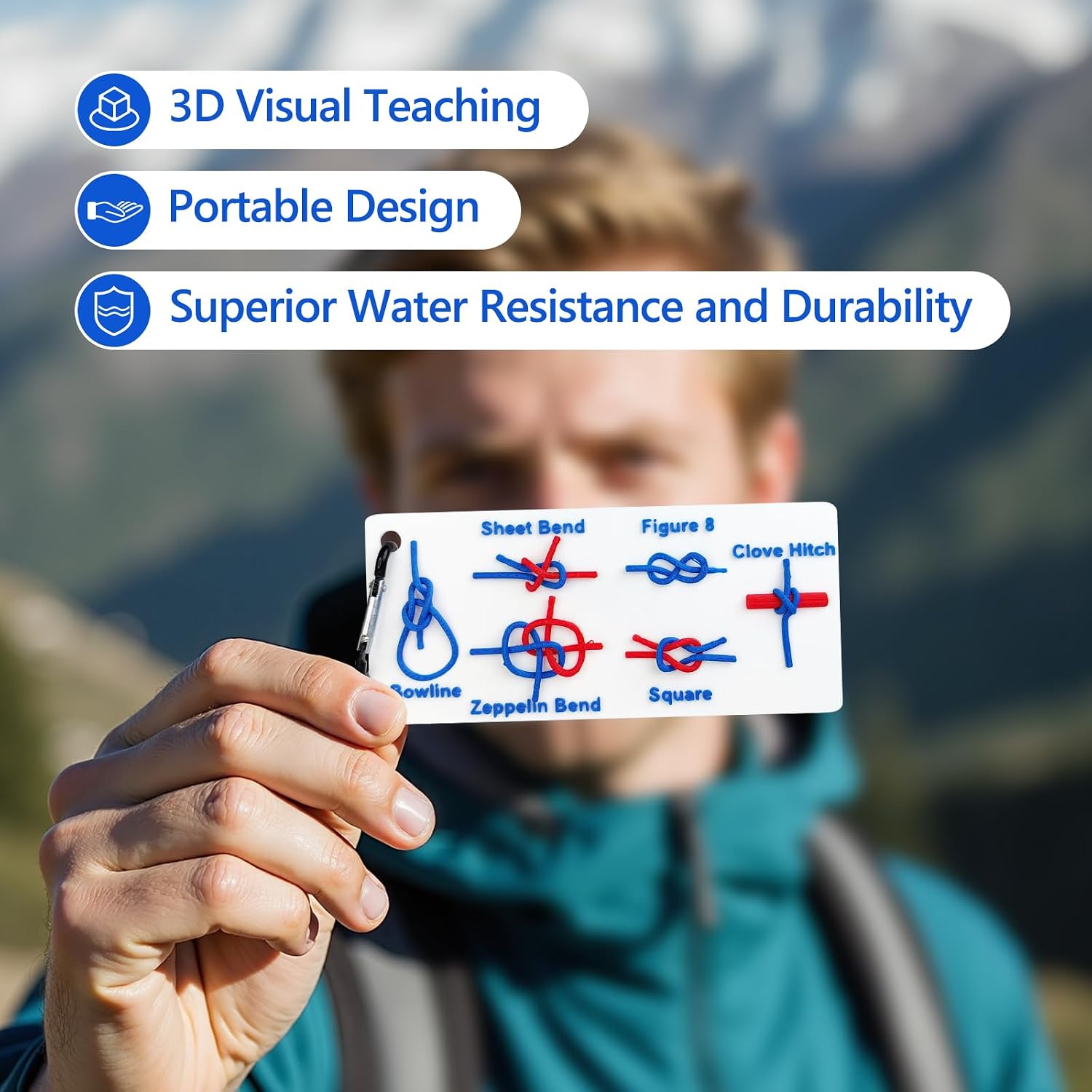 3D Rescue Knot Reference Card with Carabiner - Plastic Knot Tying Guide Includes 6 Rope Knots for Backpacking, Camping, Survival and Outdoor Activities