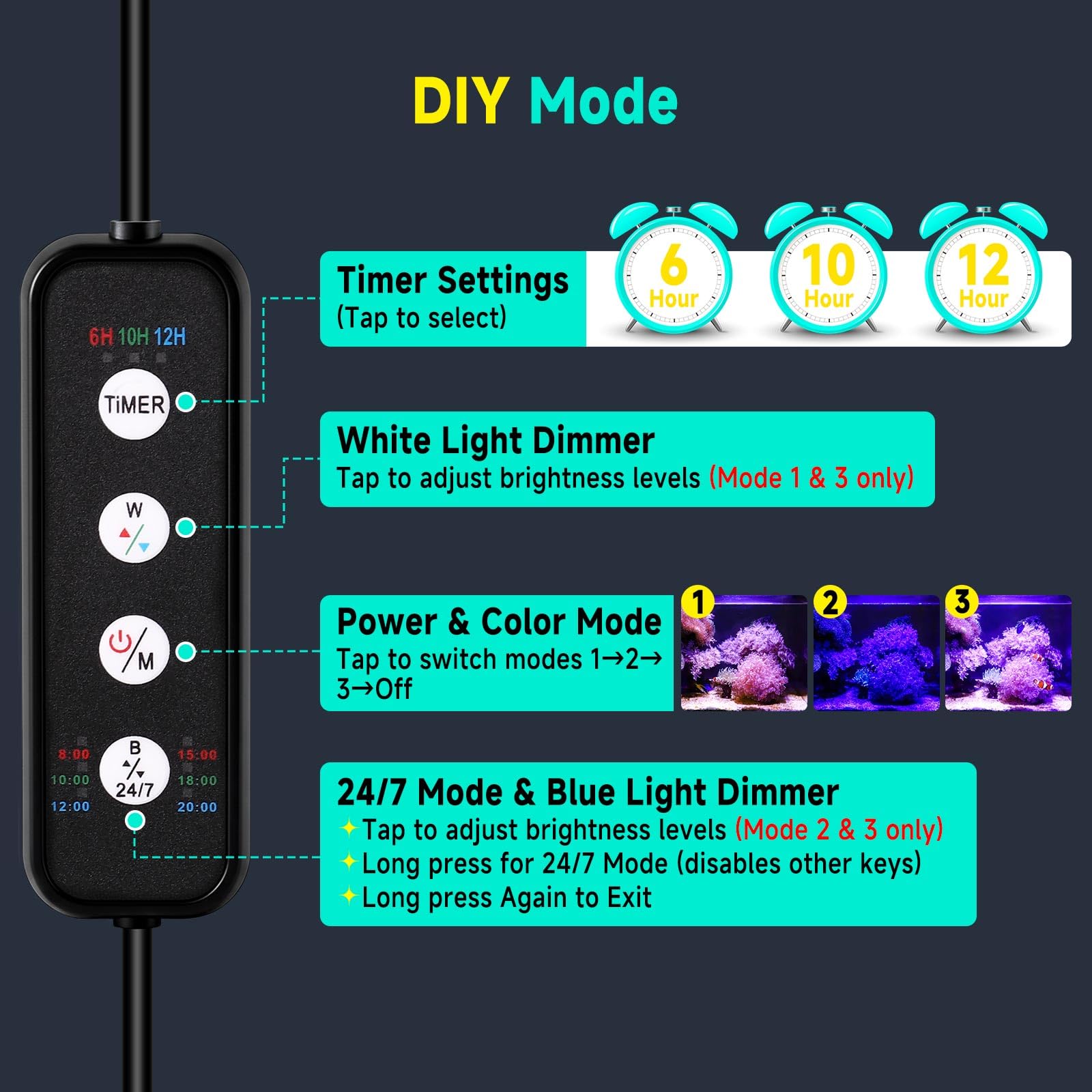 Clip On 24/7 Salzwasser-Aquarium-Licht, kleines Aquarium-Licht mit 3 DIY-Farben, 10 Helligkeitsstufen und 3 Timer-Einstellungen, flexible Aquarium-Lichter geeignet für Salzwasser