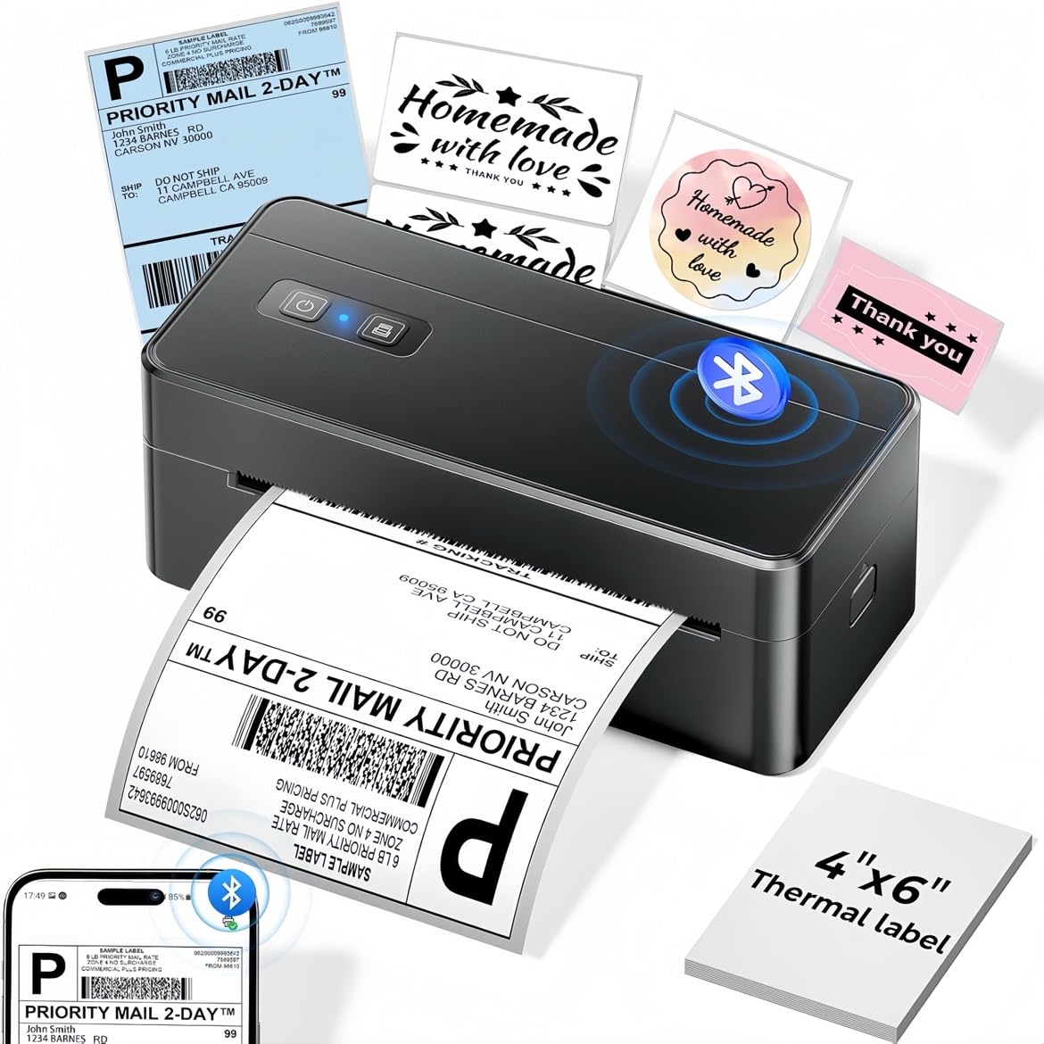 Stampante termica per etichette di Bluetooth, 4x6 stampante per etichette di spedizione per indirizzo postale piccola impresa, Compatibile con Ebay, Amazon, Etsy, UPS, Wish, Shopify, Zalando, DHL
