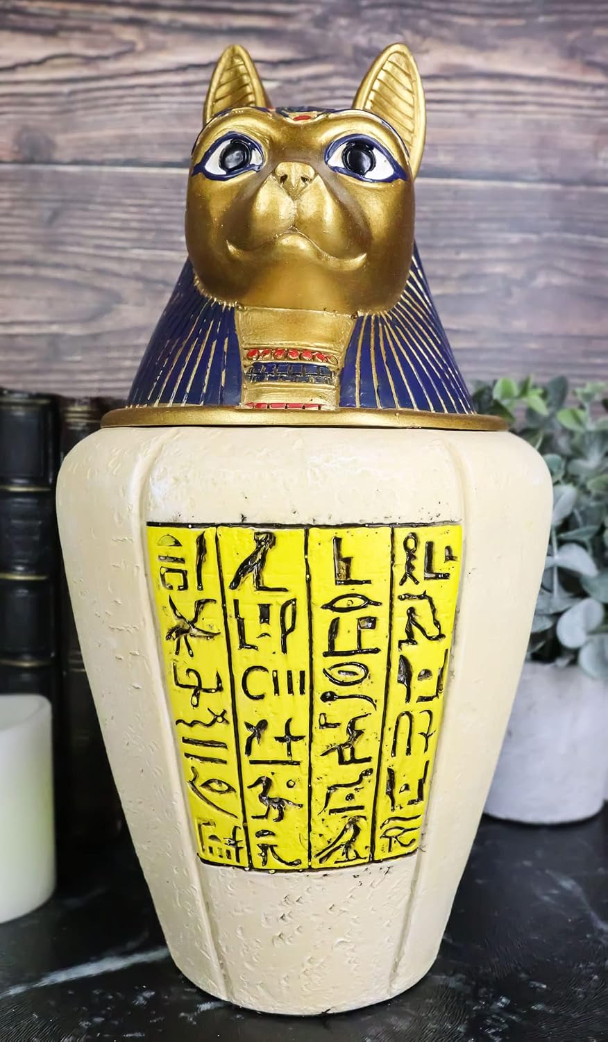 Ebros Gift Ancient Egyptian Gods and Deities Bastet Feline Cat with Golden Hieroglyphs Canopic Jar Memorial Urn Decorative Stash Box 10.5" H Figurine Storage Box Kingdom Egypt Collectible Decor