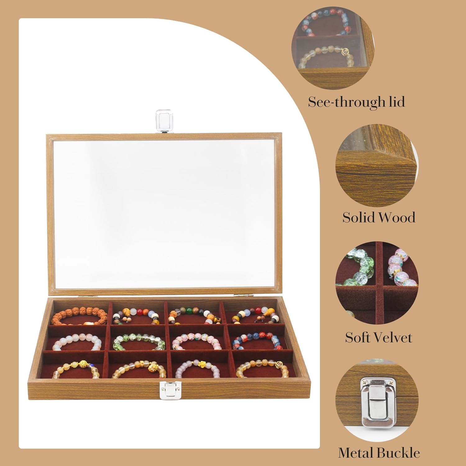 KOOAAICCHI Jewelry Organizer Tray 12 Grid Velvet Jewelry Storage Box with Clear Lid Jewelry Display Case with Lock Bracelet Earring Ring Organizer Showcase Gifts for Girls Women-12 Grid Wooden Brown