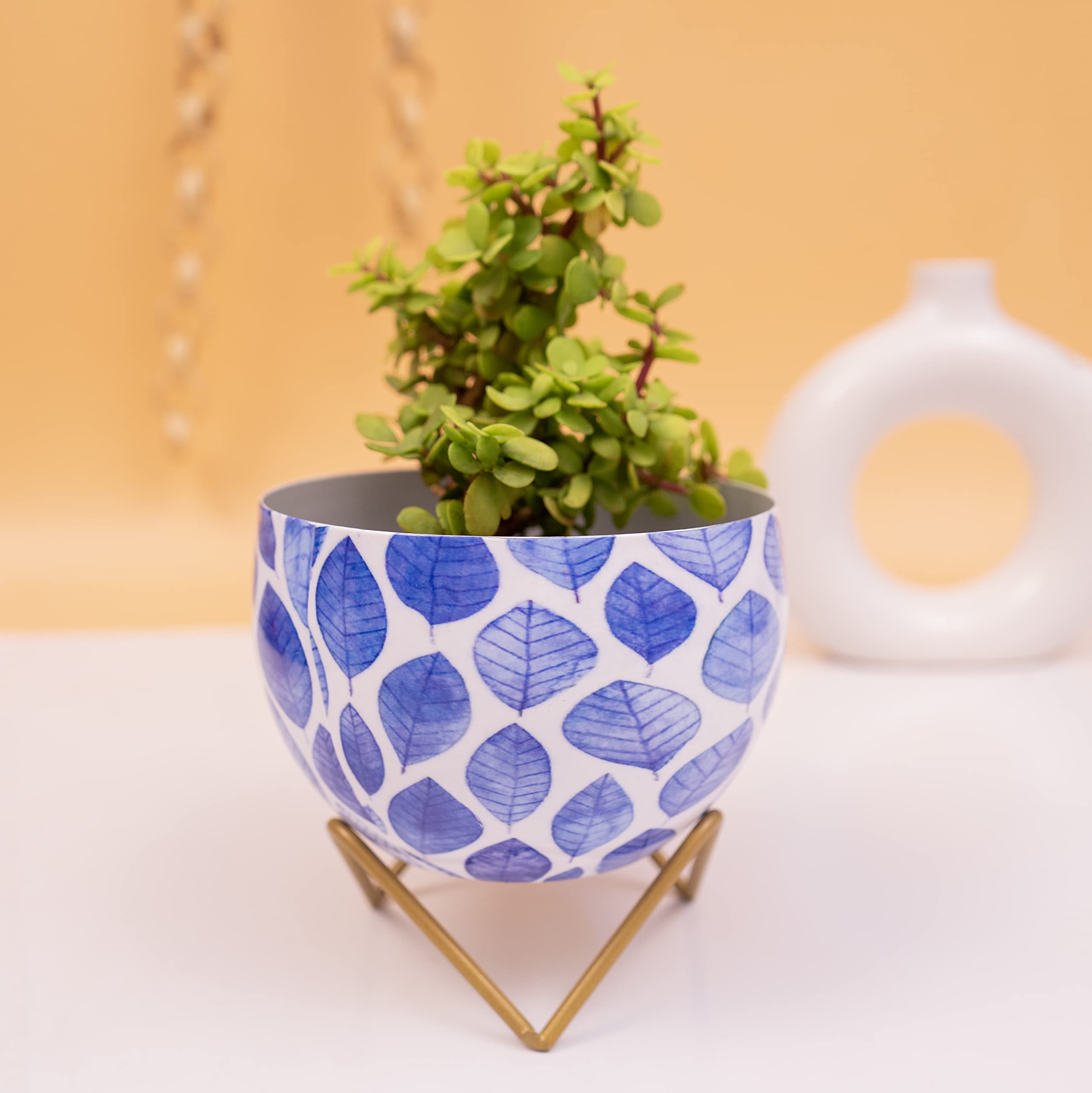 KYARI Graceful White & Blue Leaf Print Metal Pot with Stand, Rust-Free Powder Coating, Indoor Outdoor Use, Home Office Decor, Plants Not Included, Pot Size: 10 * 14.5cm, Stand Height: 5cm (B09SLW8DF2) Amazon Price History, Amazon Price Tracker