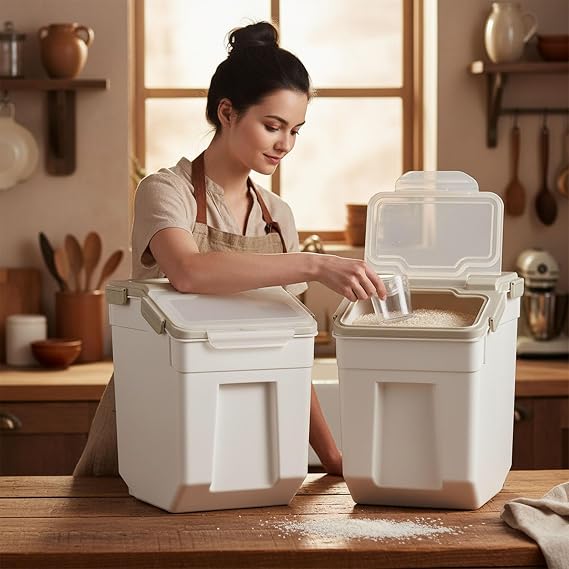 2 Pack Rice Storage Container 15KG, Airtight Flour Container (Gray)