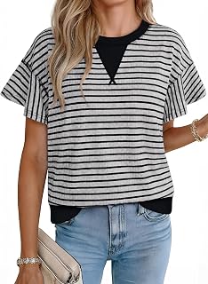 Acelitt Womens Striped Shirt Summer Short Sleeve Tops | Comfort Colors Tshirt, 2026 Trendy Knit Tops, Crewneck Tees, Sweaters, Casual Spring Outfits for Business, Work, Teachers