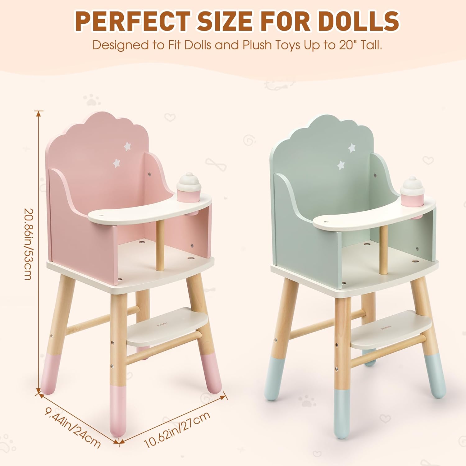 Wooden Baby Doll High Chair, Doll Furniture, Fits Up to 18 inch Baby Dolls, 18 inch Doll Accessories - Pink
