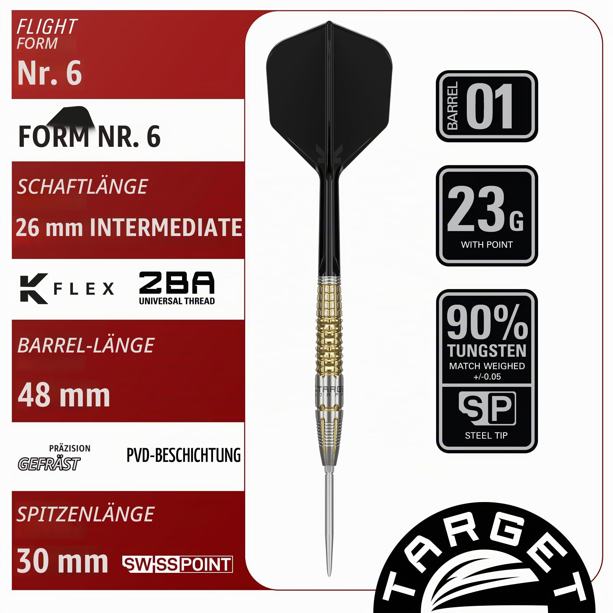 Target Japan Black Marque Warrior Steel Tip Darts with Kflex, 23G/25G | 90% Wolfram Dart-Set, K-Flex Flights und Schäfte Nr. 6, Nano Swiss Points, Spieler Lee Tae Kyung