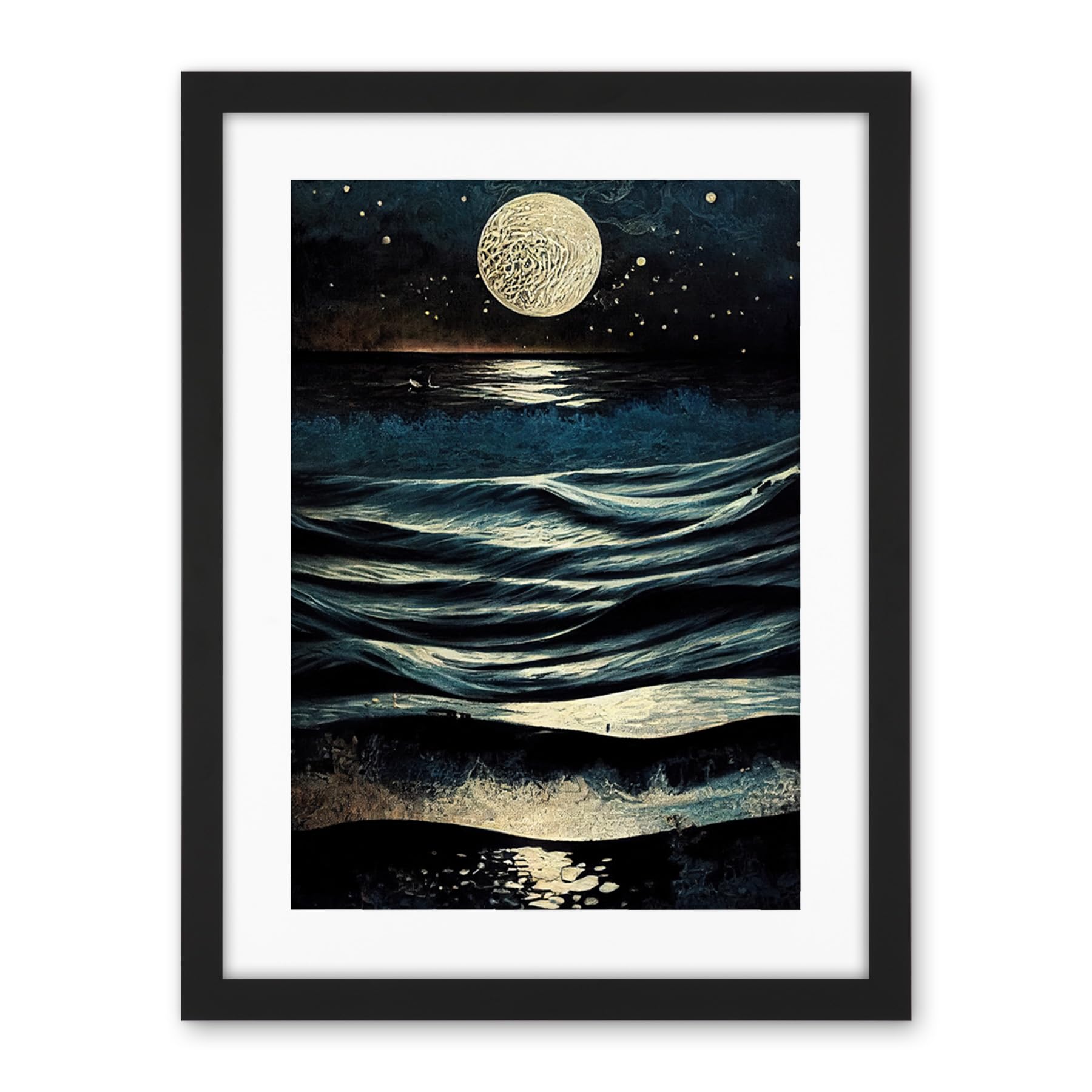Artery8 Full Moon Rising Over Clear Night Sky Tidal Waves Artwork Framed Wall Art Print 18X24 Inch