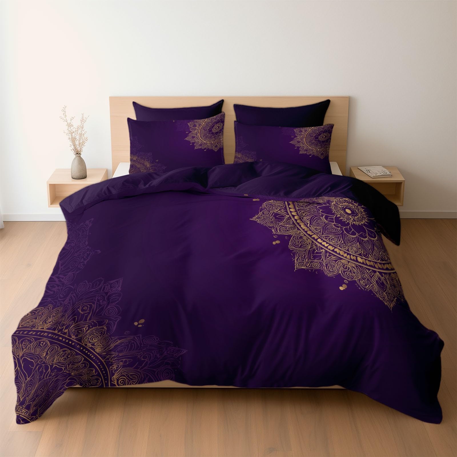 Parure de lit 1 personne housse de couette violet foncé 140x200 cm mandala géométrique