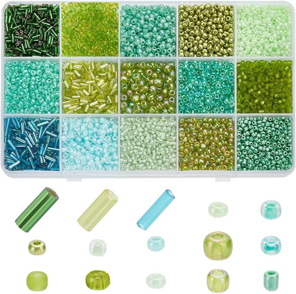 PH PandaHall 6178pcs 15 Colors Green Series Glass Seed Beads 5021pcs 2~4mm Glass Round Beads 1157pcs 4~6x2mm Tube Beads Kit Bugle Beads Loose Spacer Bead for Bracelet Necklace Jewelry Making