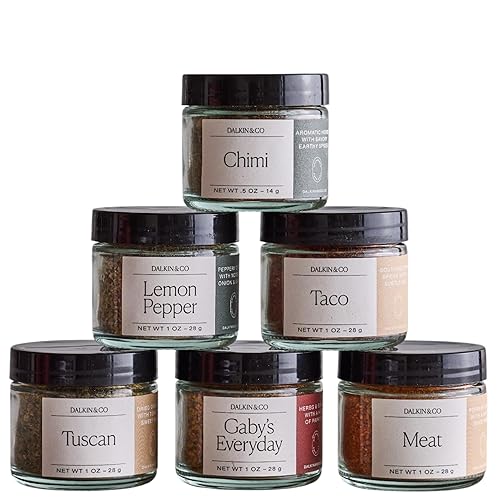 Dalkin & Co Juego Mini de Descubrimiento de Condimentos, 6 Mezclas de Especias Firmadas para Cocinar y Regalar Con Tuscan, Chimi, Taco, Carne,