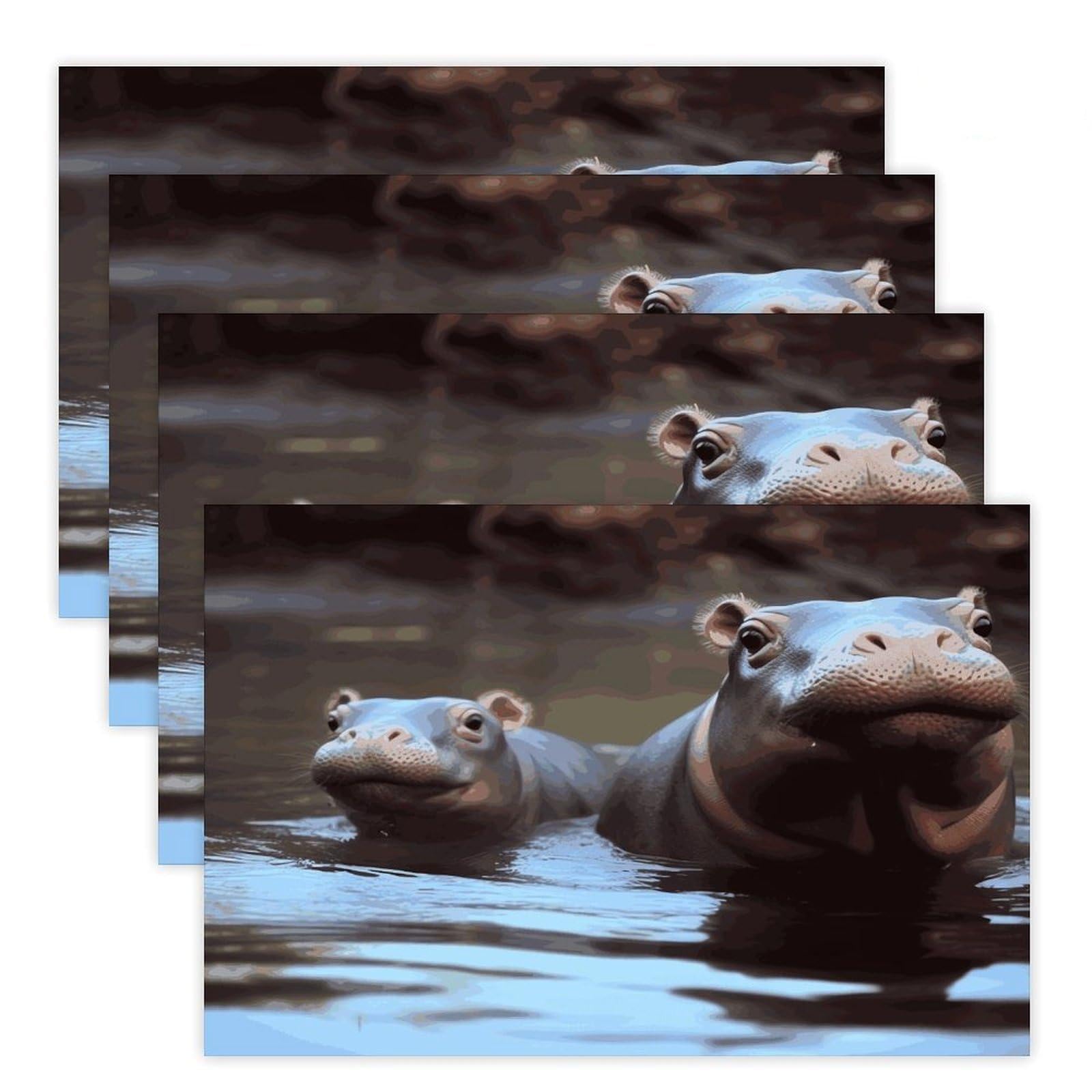Baby Hippos Placemats Heat-Resistant Washable Place Mats Anti Slip Dining Table Place Mats Wipeable Dining Table Mats Kitchen Decoration Placemats 17.7’’×11.8’’