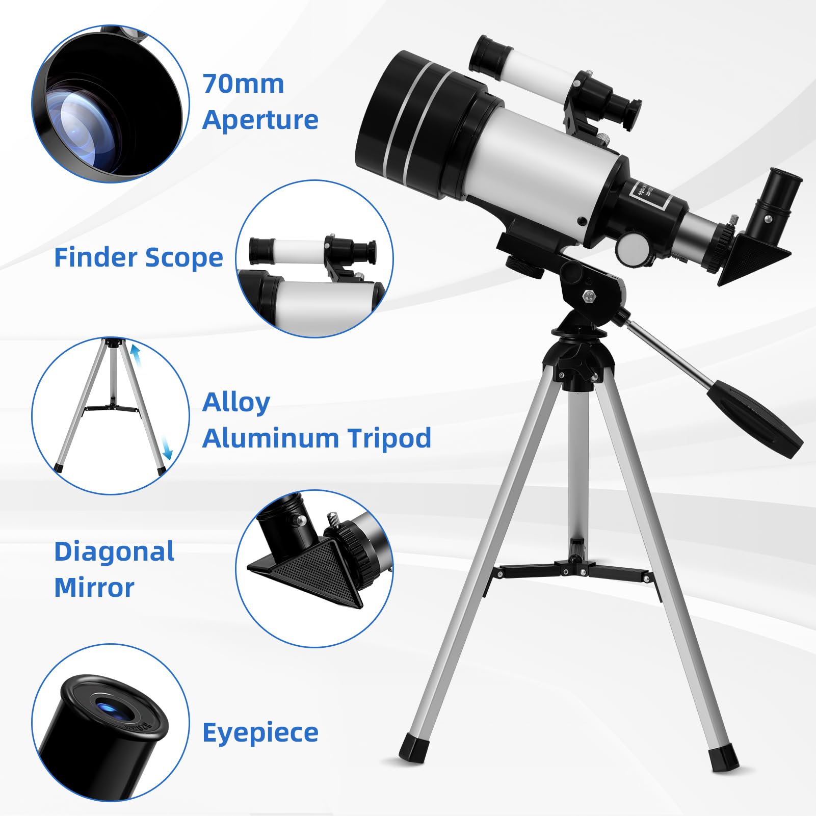 Telescopio Astronómicos para Adultos, Telescopios Refractores con Trípode, 70mm Apertura 300mm Telescope Portátil - Telescopios Refracción para Niños Principiantes,Con Barlow,Teléfono Soporte