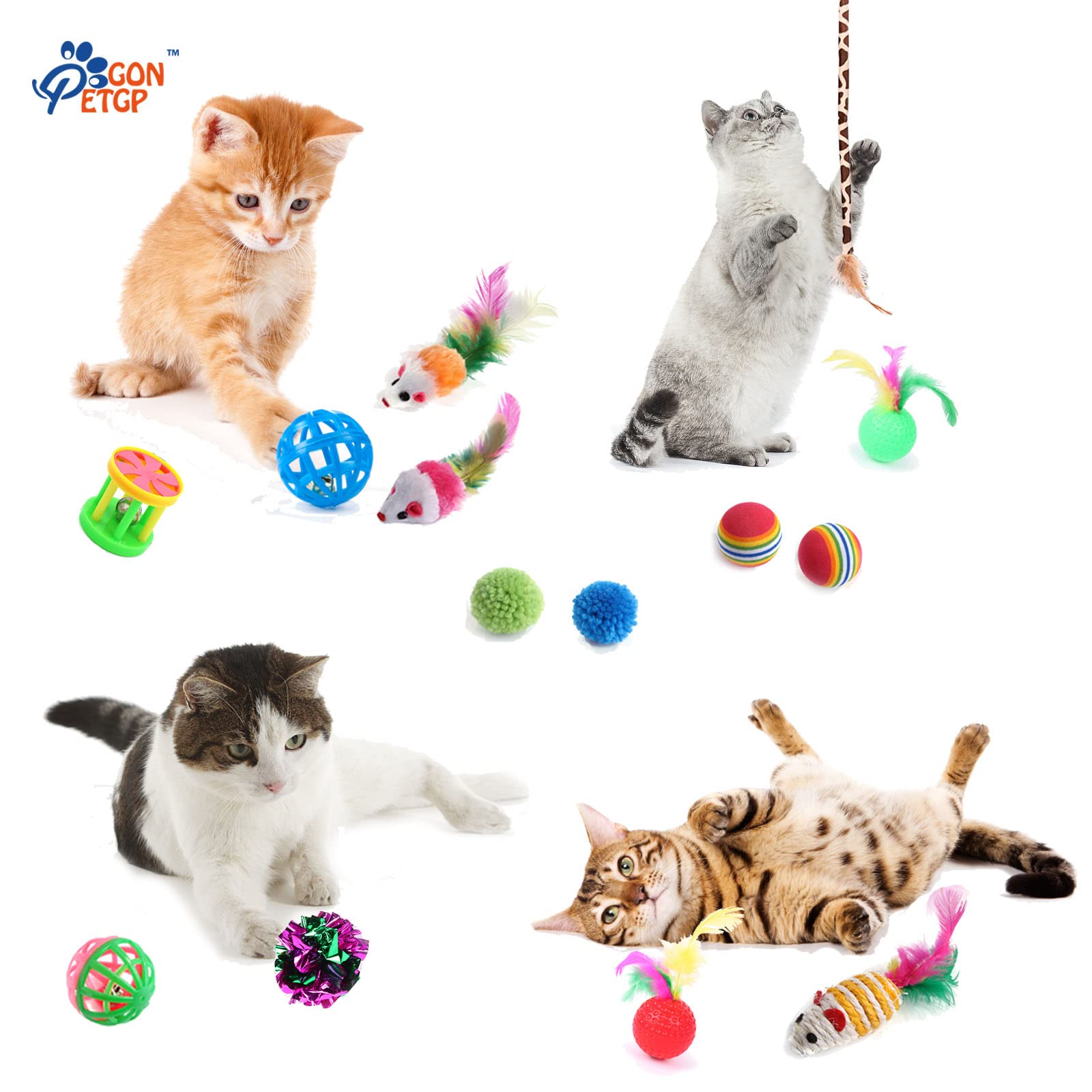 GONPETGP Giocattoli per gatti per interni, set di 23 giocattoli per gattini, pieghevoli, tunnel per animali domestici, giocattoli interattivi per gatti, bacchetta con piume per gatti, palline sfocate