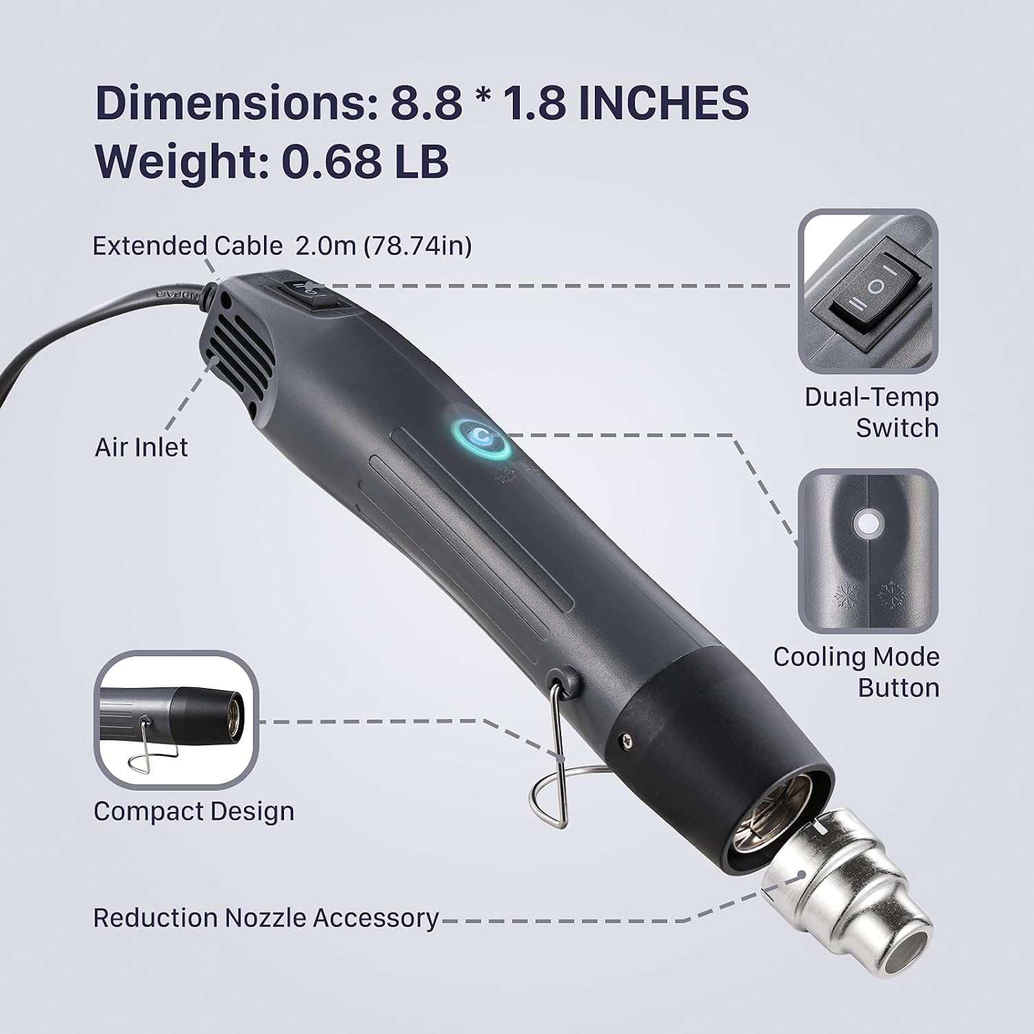 Mini Heat Gun, Dual Temp 392℉~662℉ with Cooling Mode Hot Air Gun, 6.56FT Long Cable, AVANTOOLS Embossing Heat Tool, Heatgun for Epoxy Resin Molds, Crafts, Shrink Wrapping, Phone Repair (Dark Grey)