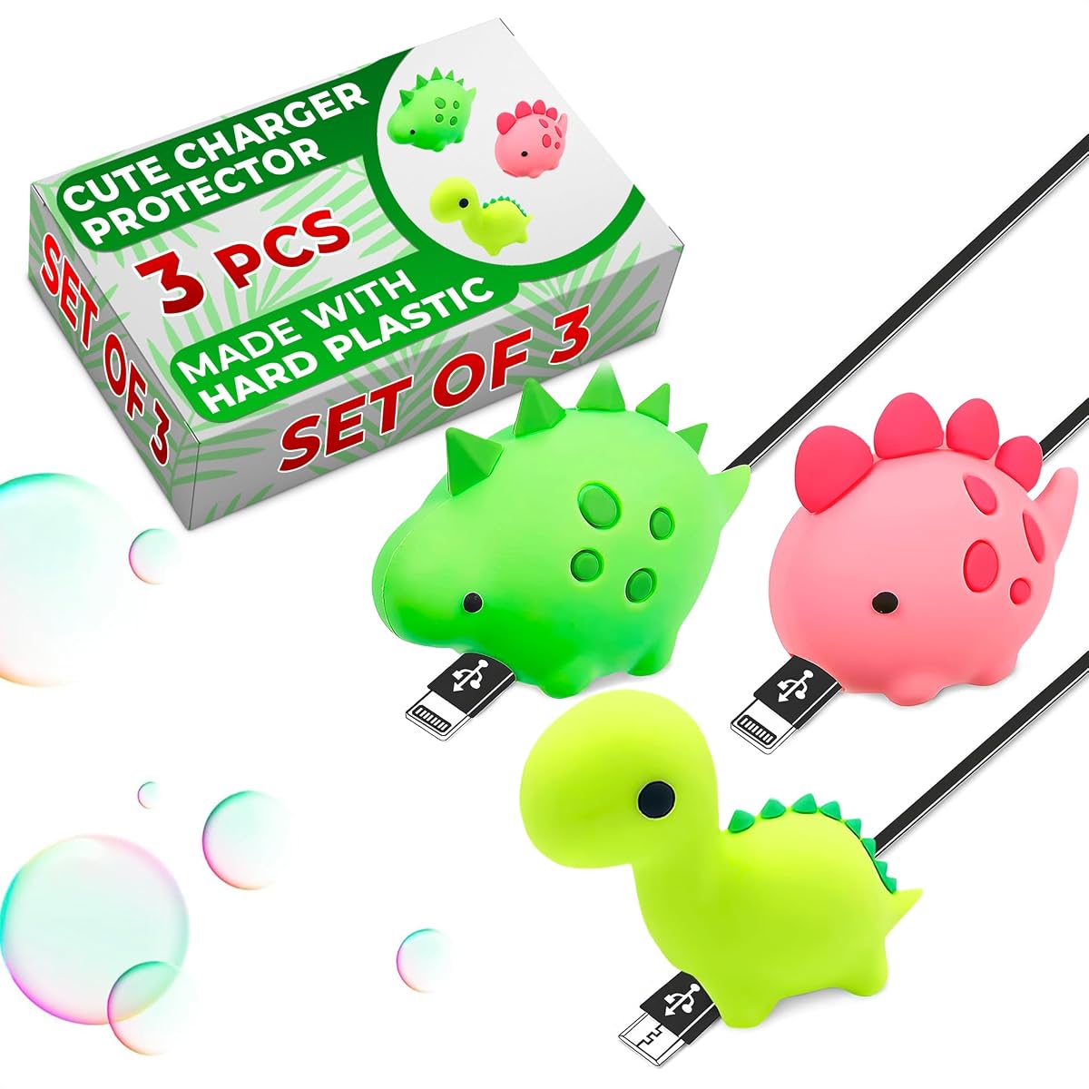 Phone Charger Protector Cute Set of 3, Dinosaur Shape (Green & Pink) | USB Cable Protector Animals; Slide-On Silicone Fit; Prevents Fraying, Bending & Damage; for Phone and Tablet Cords