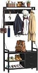 Lulive Hall Tree, 31.5” Entryway Bench with Coat Rack freestanding, 5 in 1 Intelligent Design Shoe Bench and Wall Rack 17 Hooks and Drawers (Black) | Black, 5 in 1 Intelligent Design, 17 Hooks, 2 Drawers, Handy Clothes Rail