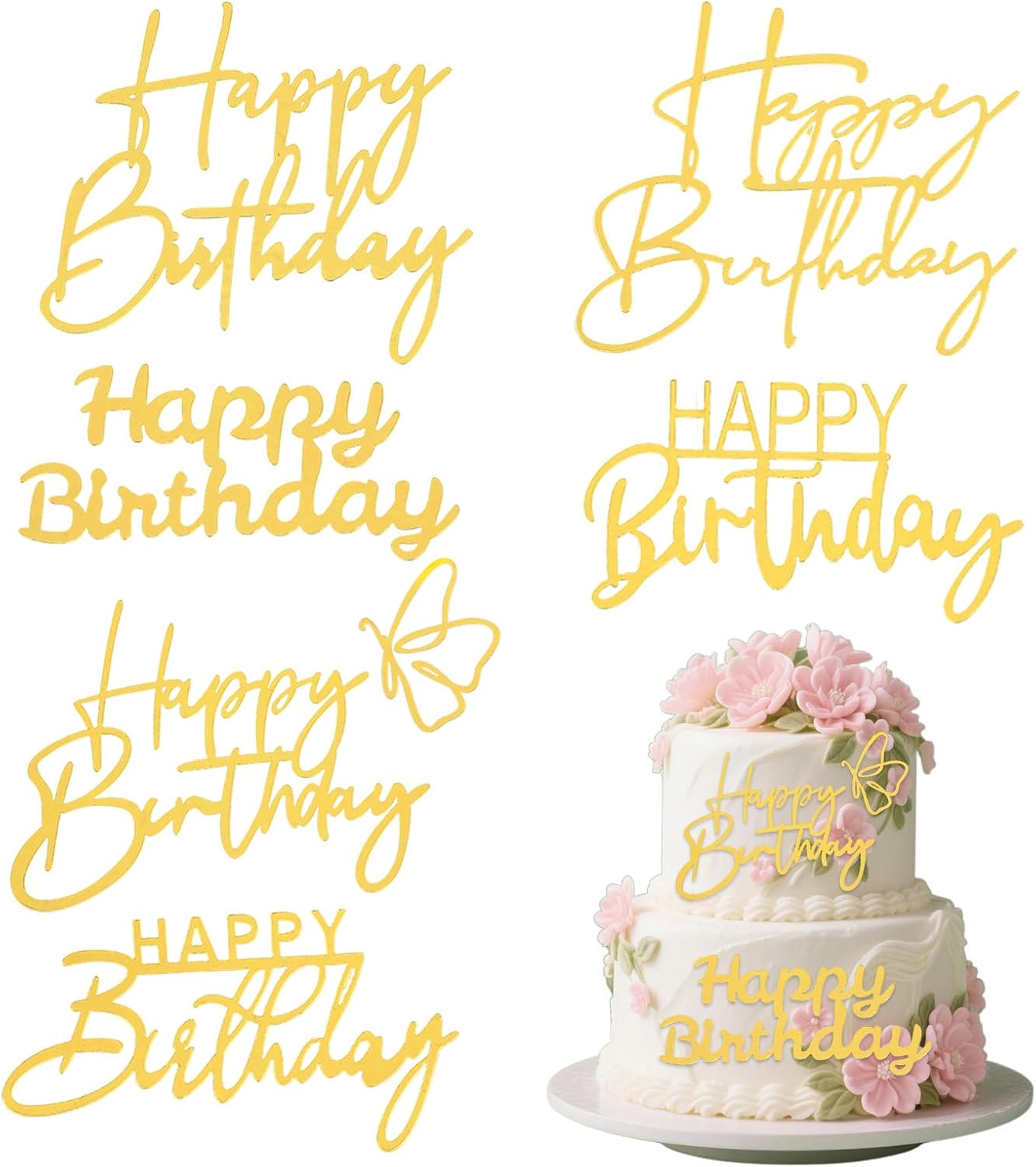 6 Pcs Happy Birthday Cake Toppers, 6 Styles Gold Acrylic Happy Birthday Sign Cake Toppers for Birthdays Party, Anniversary and Celebrations