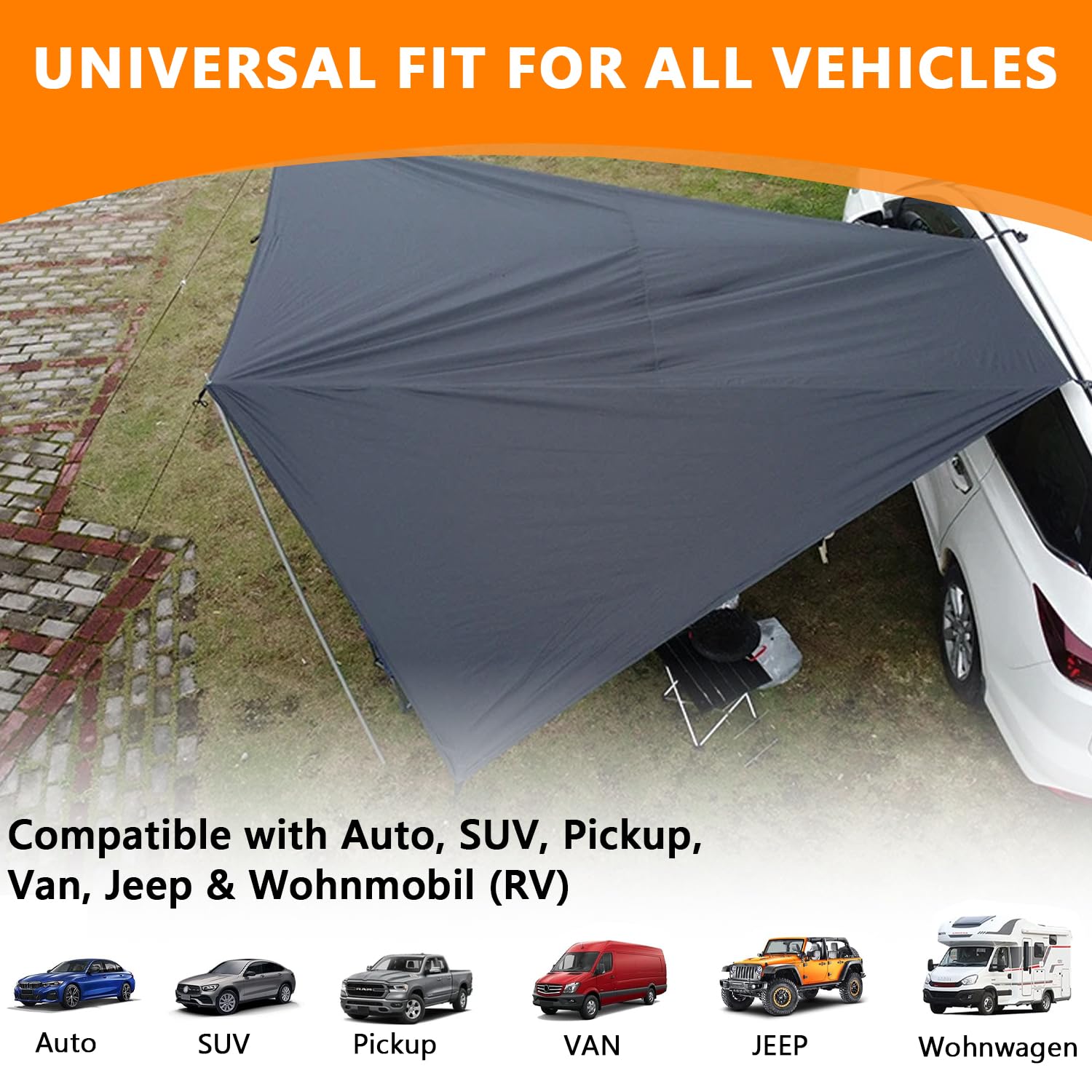 Auvent Universel pour Voiture Voile d'ombrage étanche | camionnettes et camping-cars, montage par passepoil ou ventouse, gris Awning, 380 x 280 cm